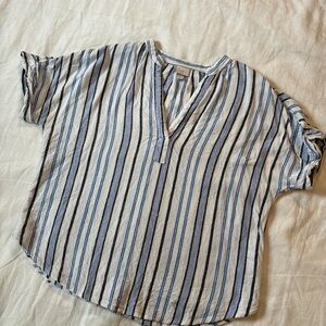 A New Day Target Striped Linen Blend V-Neck Tunic Blouse Blue White Large